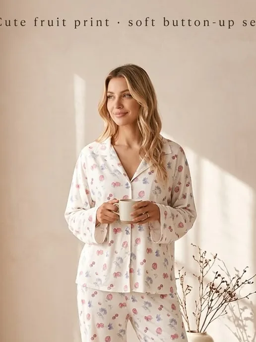 Fruit print button-up PJ set
